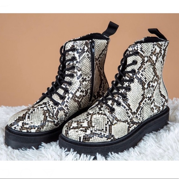 Ivory Snake Print Lace Up Combat Boots - Picture 7 of 9